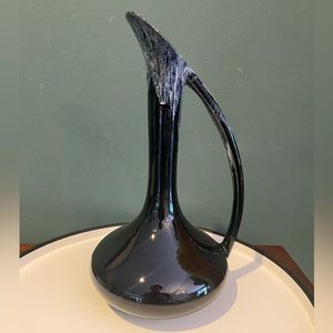 Vintage Anna Van Briggle Mid Century 12” Pitcher Ewer Vase -Black with blue drip